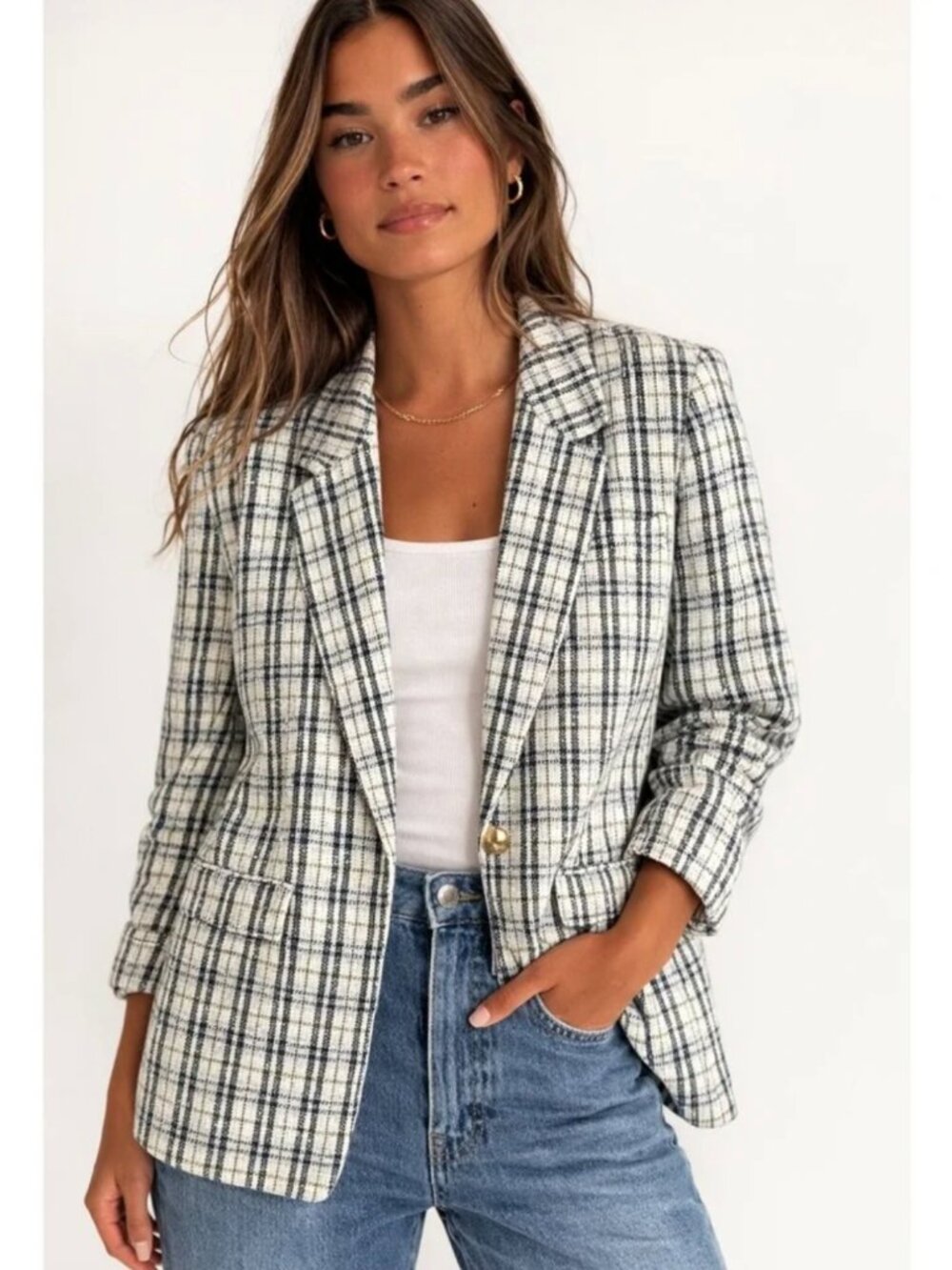 NWT Abercrombie & Fitch Tweed Plaid White and Blue Blazer